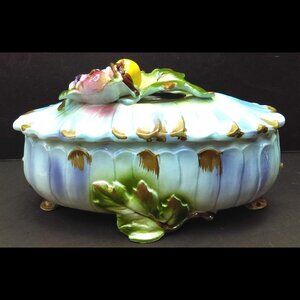 Vintage Hand Painted Porcelain Oblong Footed Trinket Dish With Lid Japan